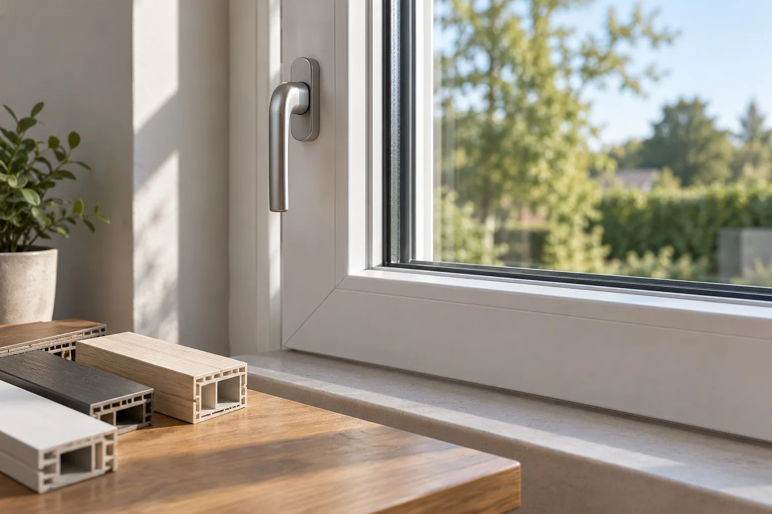 Fensterrahmen und Griff neben schlichten Materialmustern im Tageslicht.